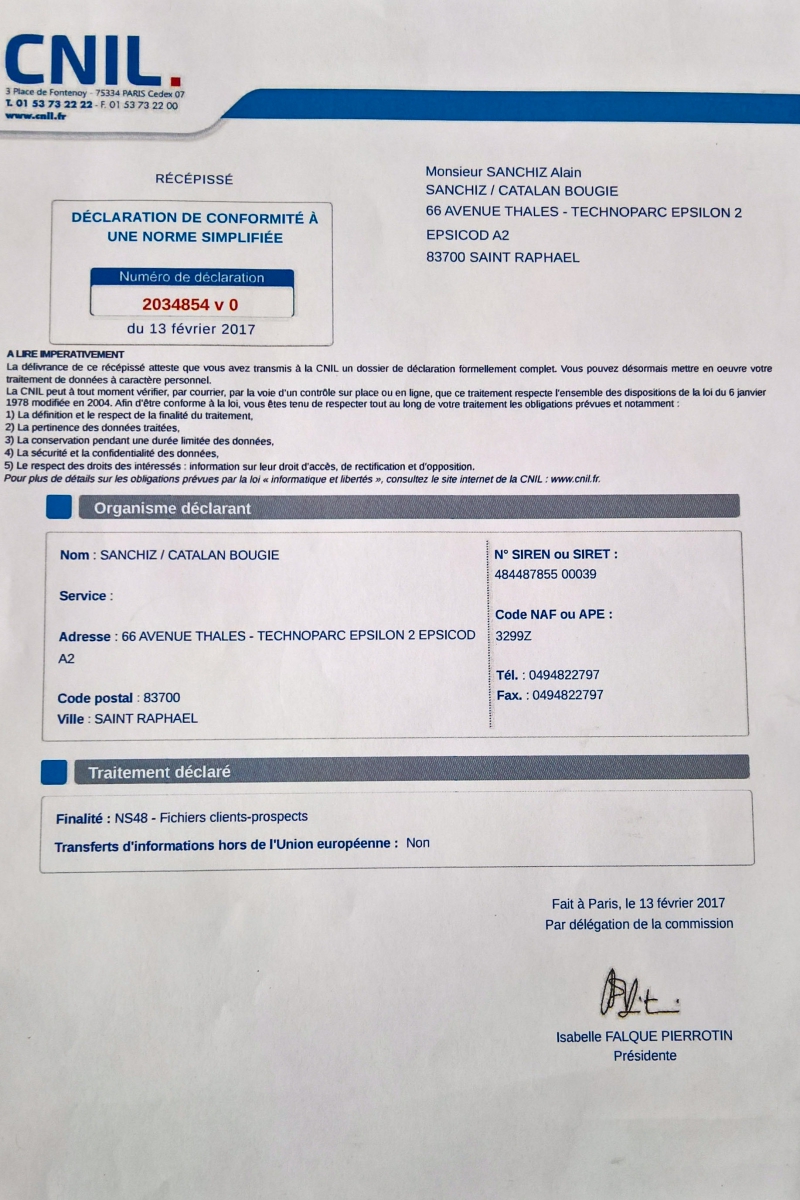 Déclaration de Conformité à une norme simplifié CNIL